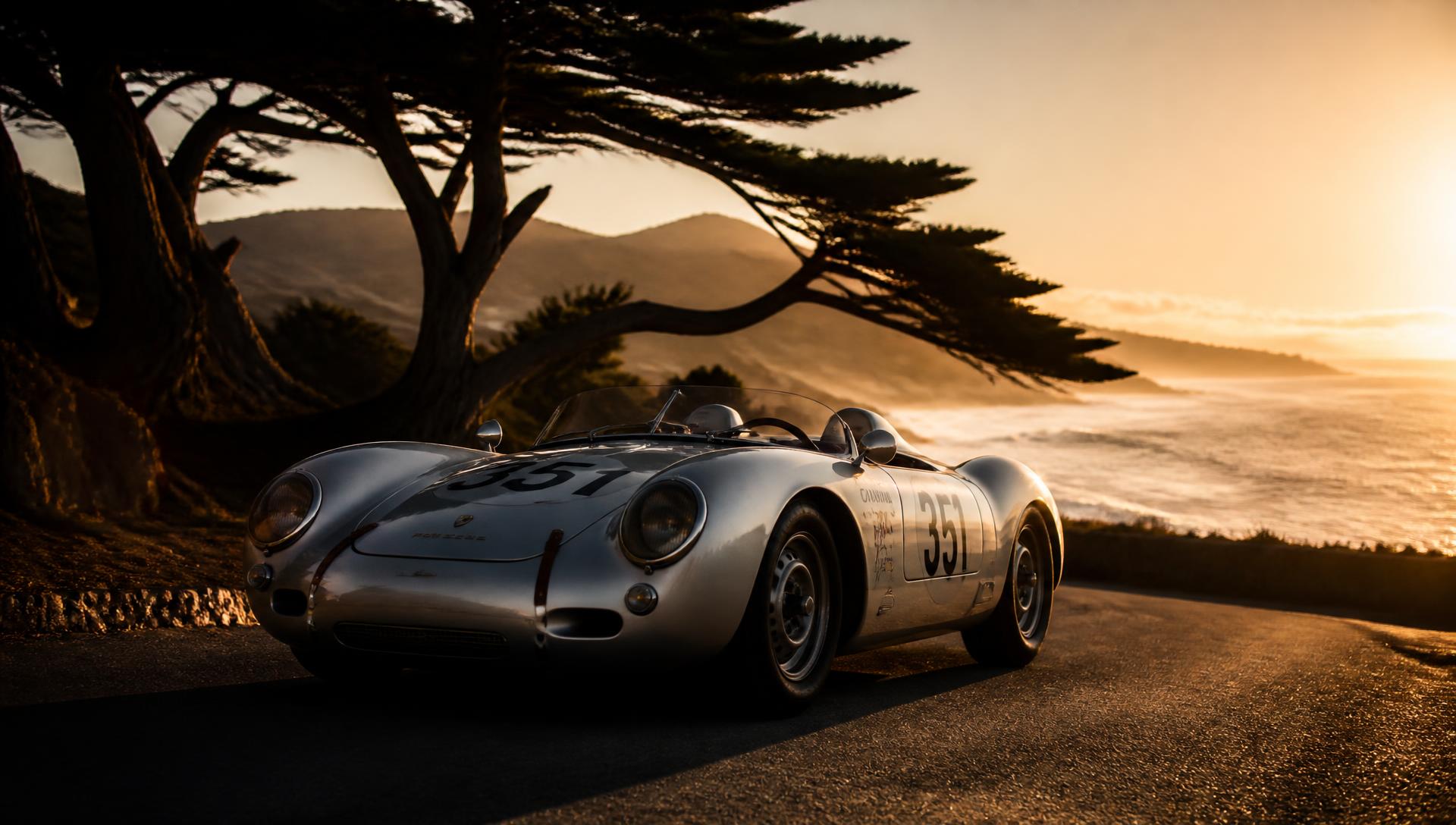 A silver 1950s Porsche racing car on a coastal Monterey road at golden hour